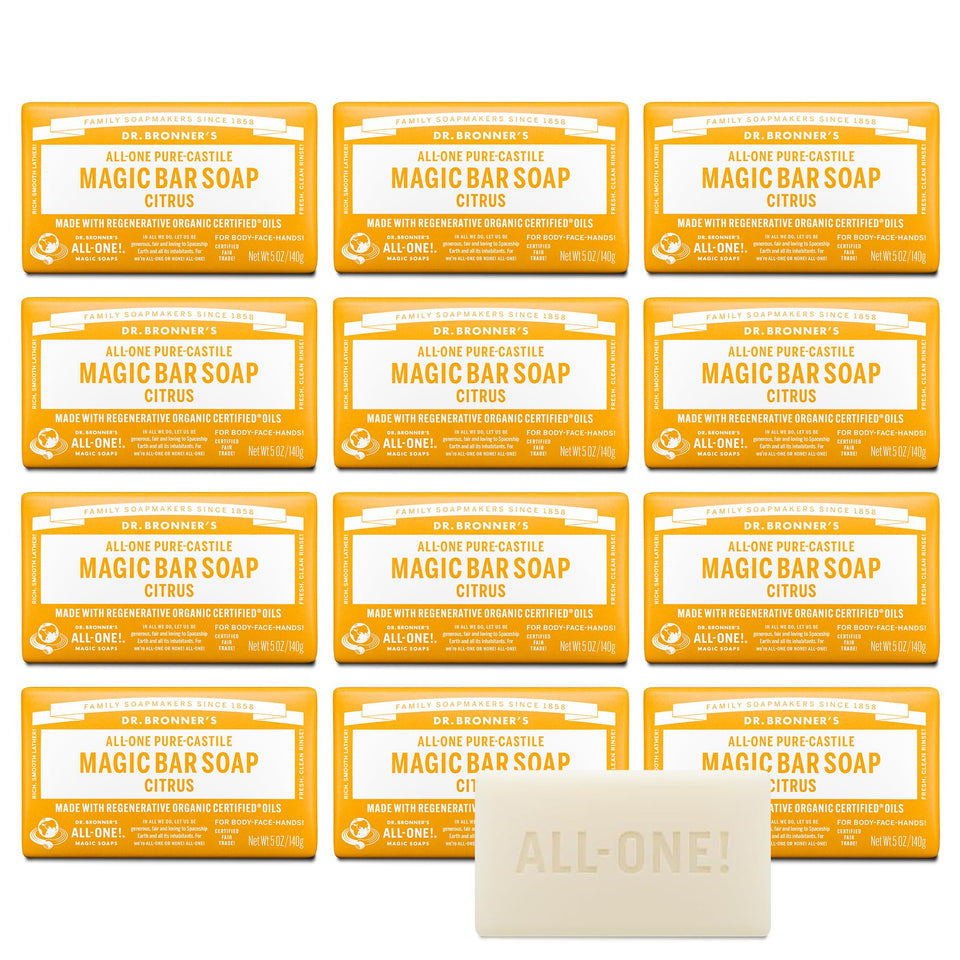 Dr. Bronner's Pure-Castile Citrus Magic Bar pack shot for daily cleansing