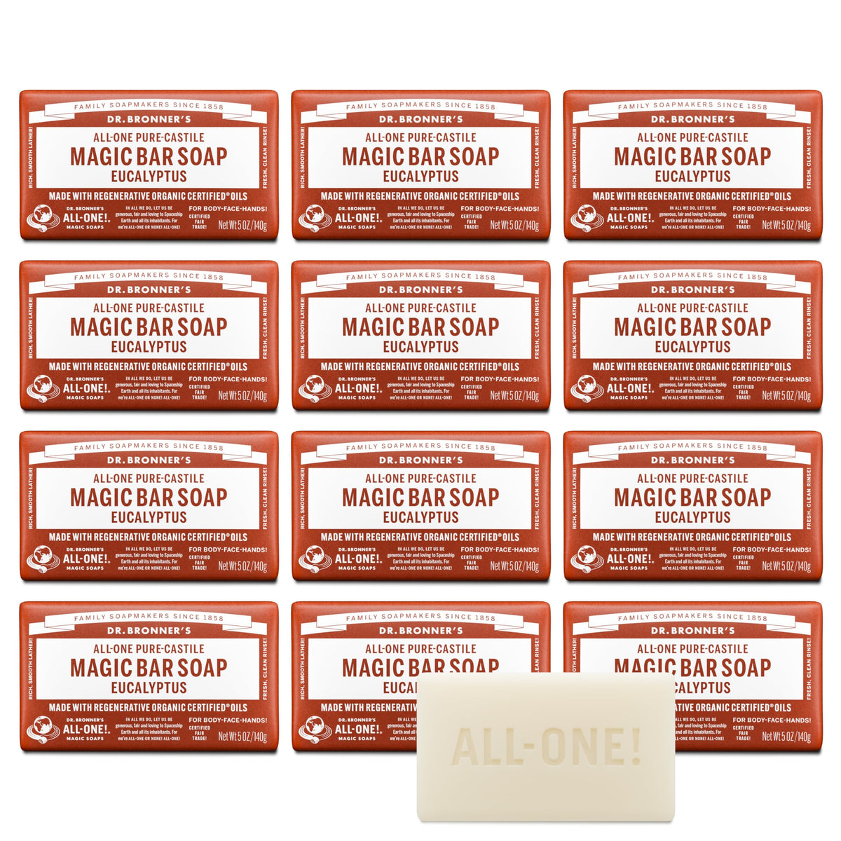 Dr. Bronner's Pure-Castile Magic Bar Eucalyptus, versatile cleansing for face, body, and hair.