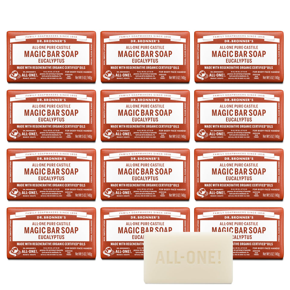 Dr. Bronner's Pure-Castile Magic Bar Eucalyptus, versatile cleansing for face, body, and hair.