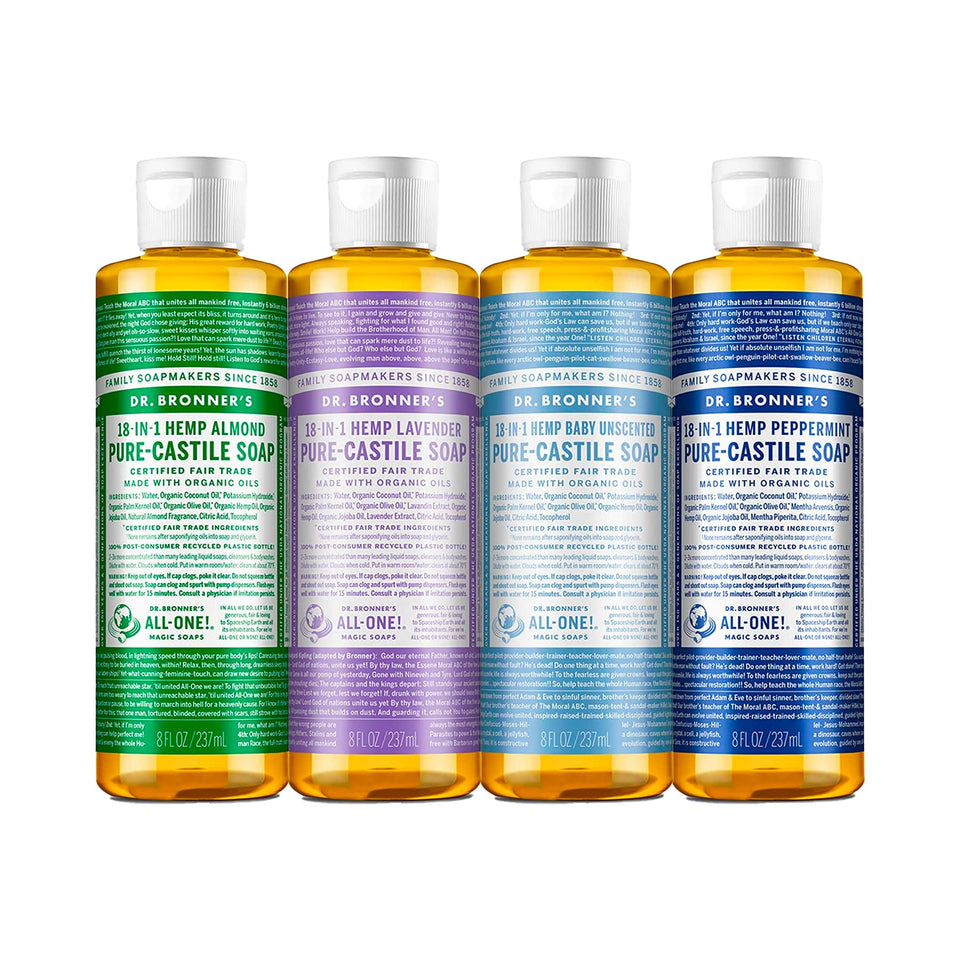 Dr. Bronner's Peppermint Pure-Castile bottle pouring, ideal for refreshing skin and kitchen cleaning.