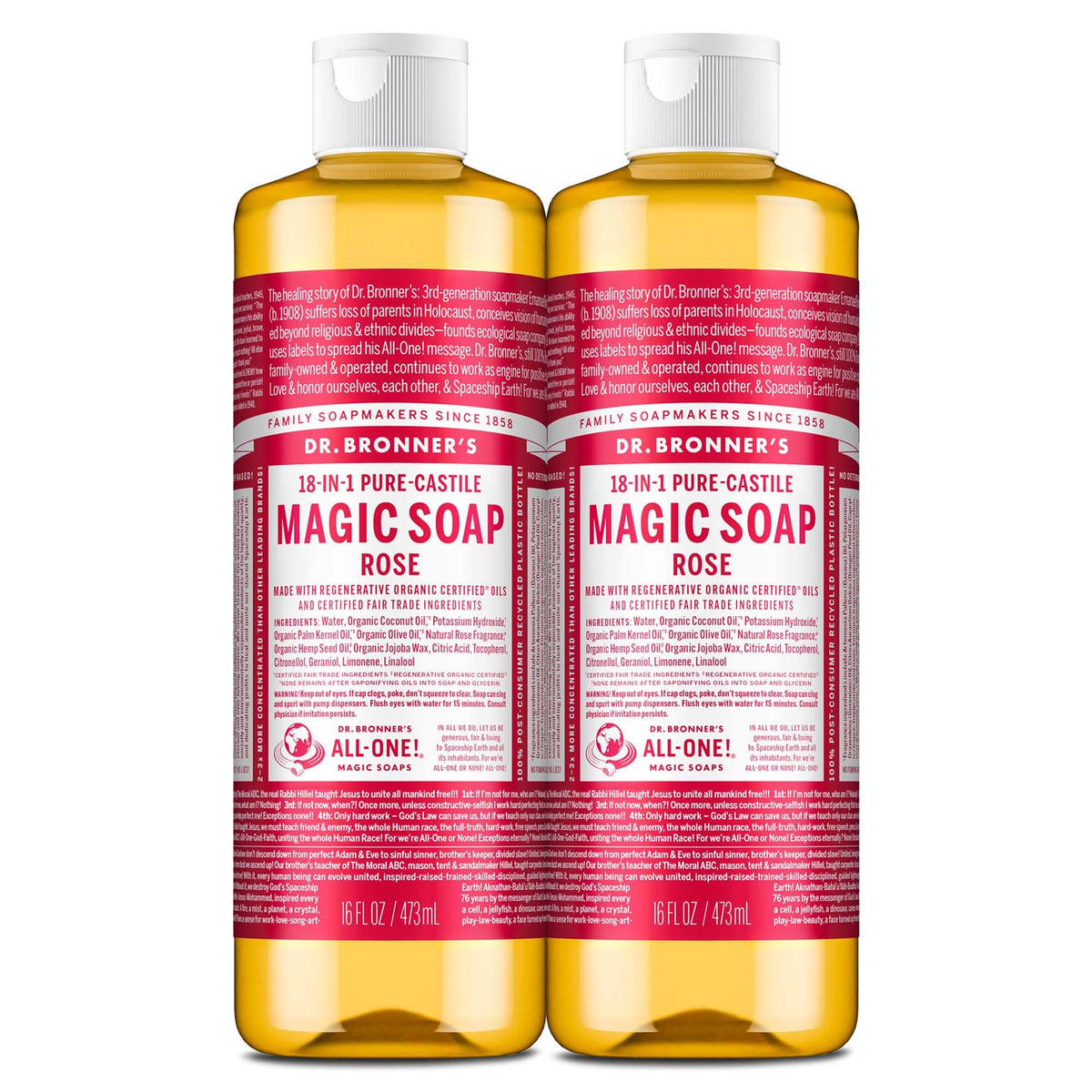 Dr. Bronner's Rose Castile bottle from side, highlighting lather for face, hair, and body