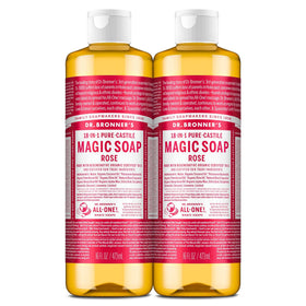 Dr. Bronner's Rose Castile bottle from side, highlighting lather for face, hair, and body