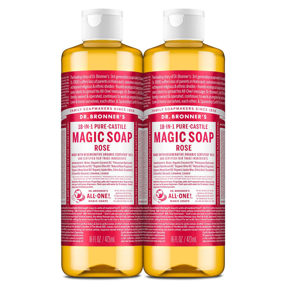 Dr. Bronner's Rose Castile bottle from side, highlighting lather for face, hair, and body