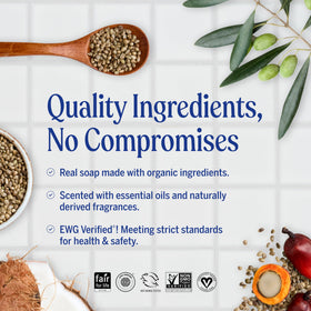 Dr. Bronner's Rose Castile bottle with organic and fair trade ingredient highlights