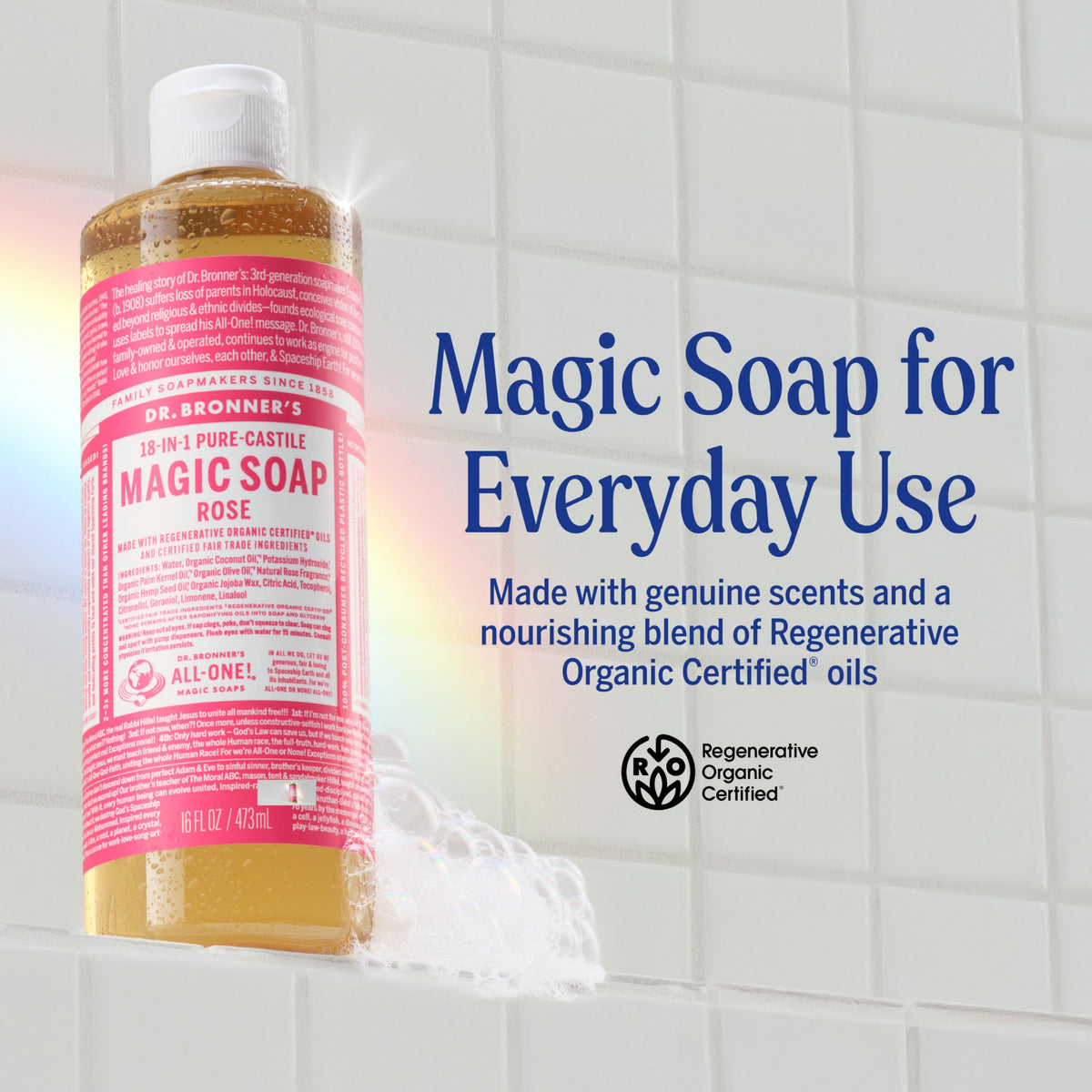 Dr. Bronner's Rose Castile liquid soap pour demonstrates compact concentrate for multi-use