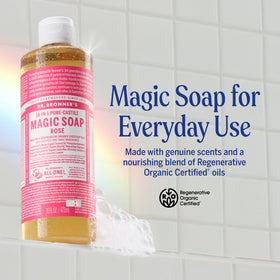 Dr. Bronner's Rose Castile liquid soap pour demonstrates compact concentrate for multi-use
