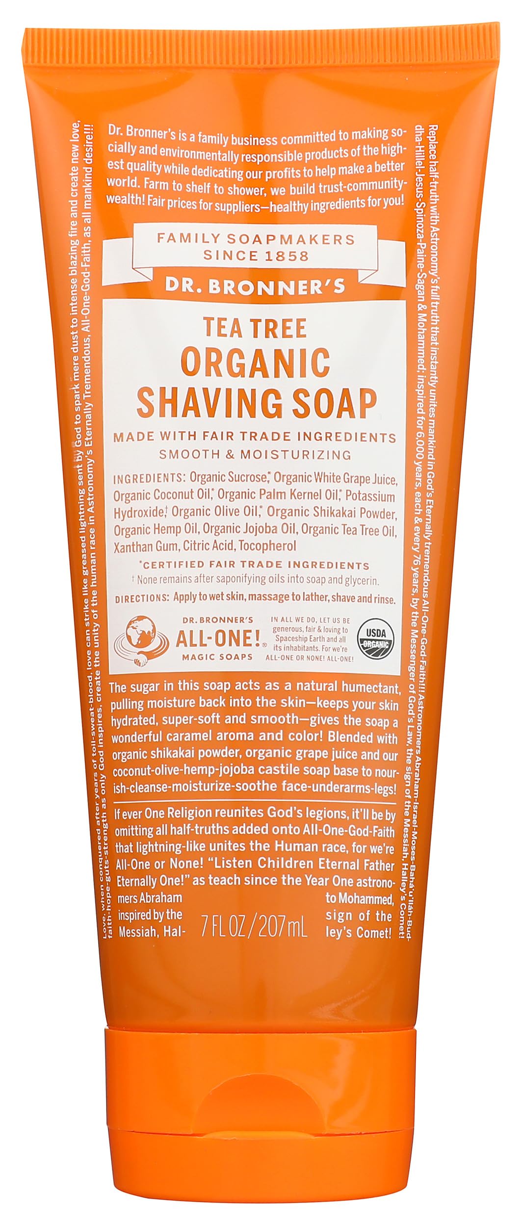 Dr. Bronner's Tea Tree Shave Gel bottle highlighting organic sugar used for smooth hydration.