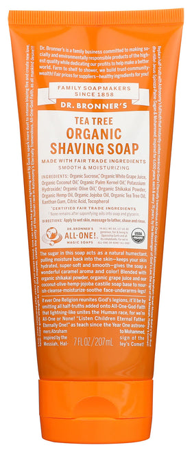 Dr. Bronner's Tea Tree Shave Gel bottle highlighting organic sugar used for smooth hydration.
