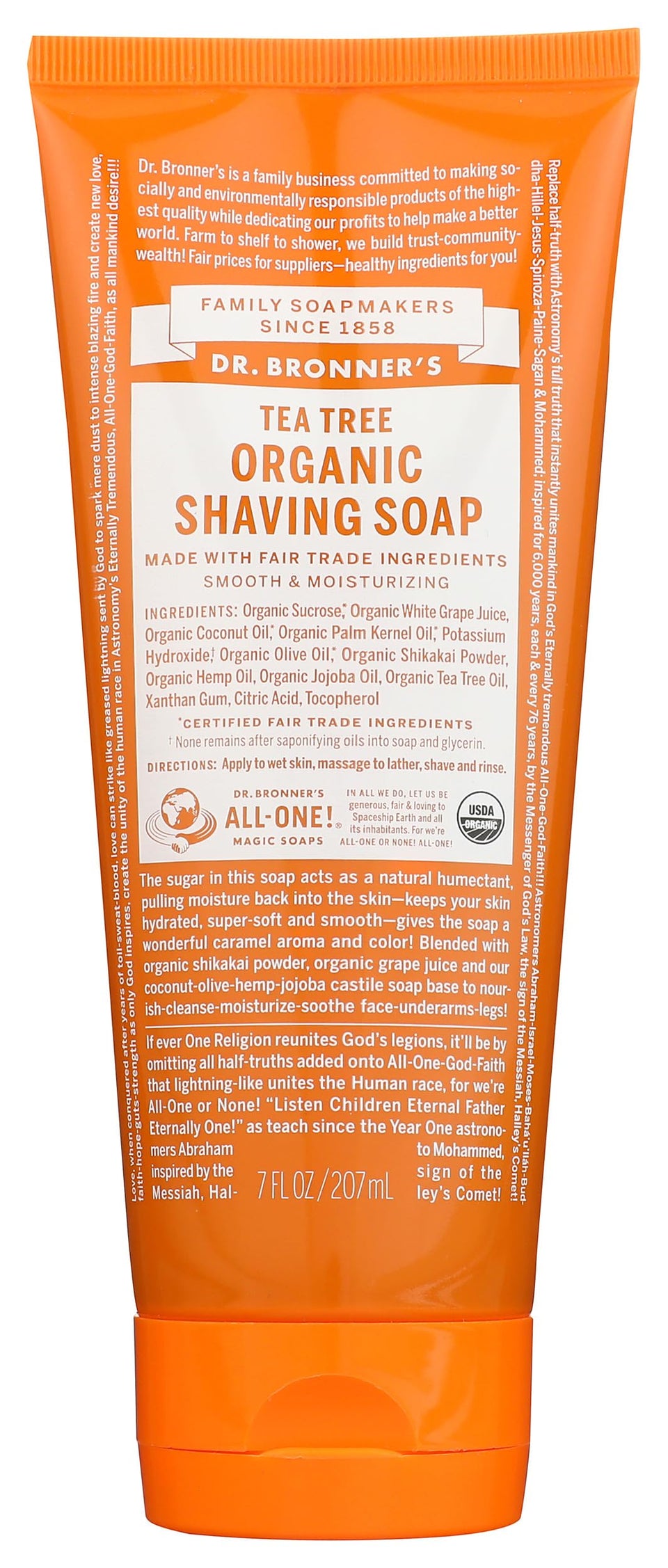 Dr. Bronner's Tea Tree Shave Gel bottle highlighting organic sugar used for smooth hydration.