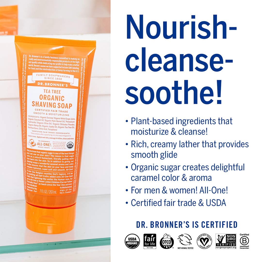 Dr. Bronner's Tea Tree Shave Gel ingredient list on bottle highlights natural care.