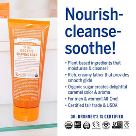 Dr. Bronner's Tea Tree Shave Gel ingredient list on bottle highlights natural care.