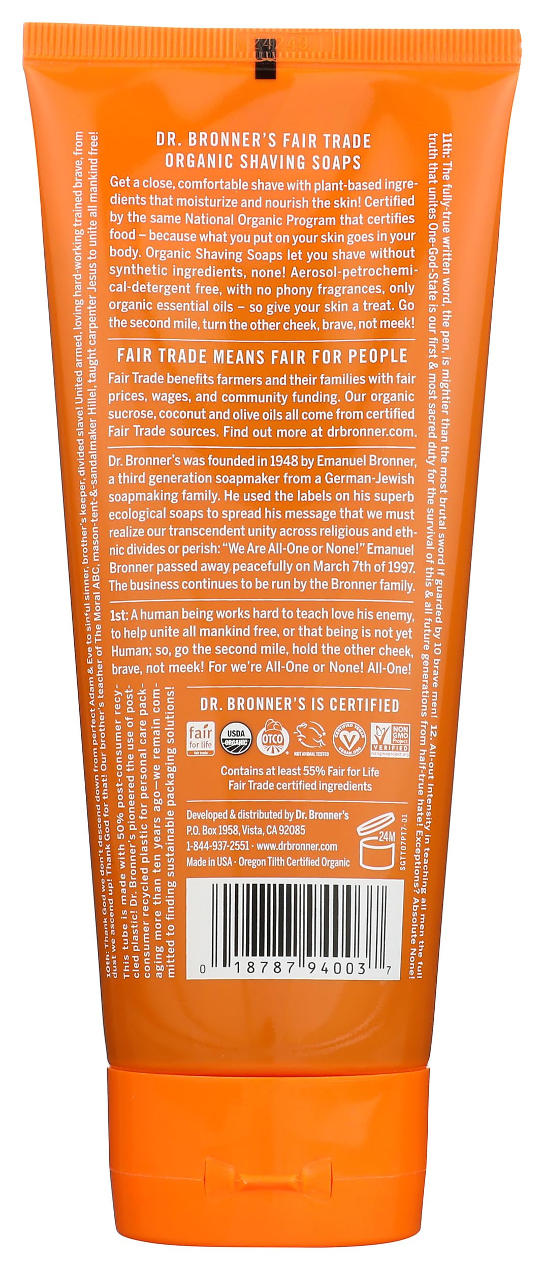 Dr. Bronner's Tea Tree Shave Gel label showing fair trade and natural ingredients.