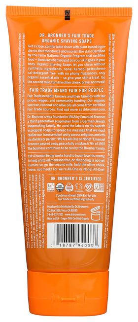 Dr. Bronner's Tea Tree Shave Gel label showing fair trade and natural ingredients.