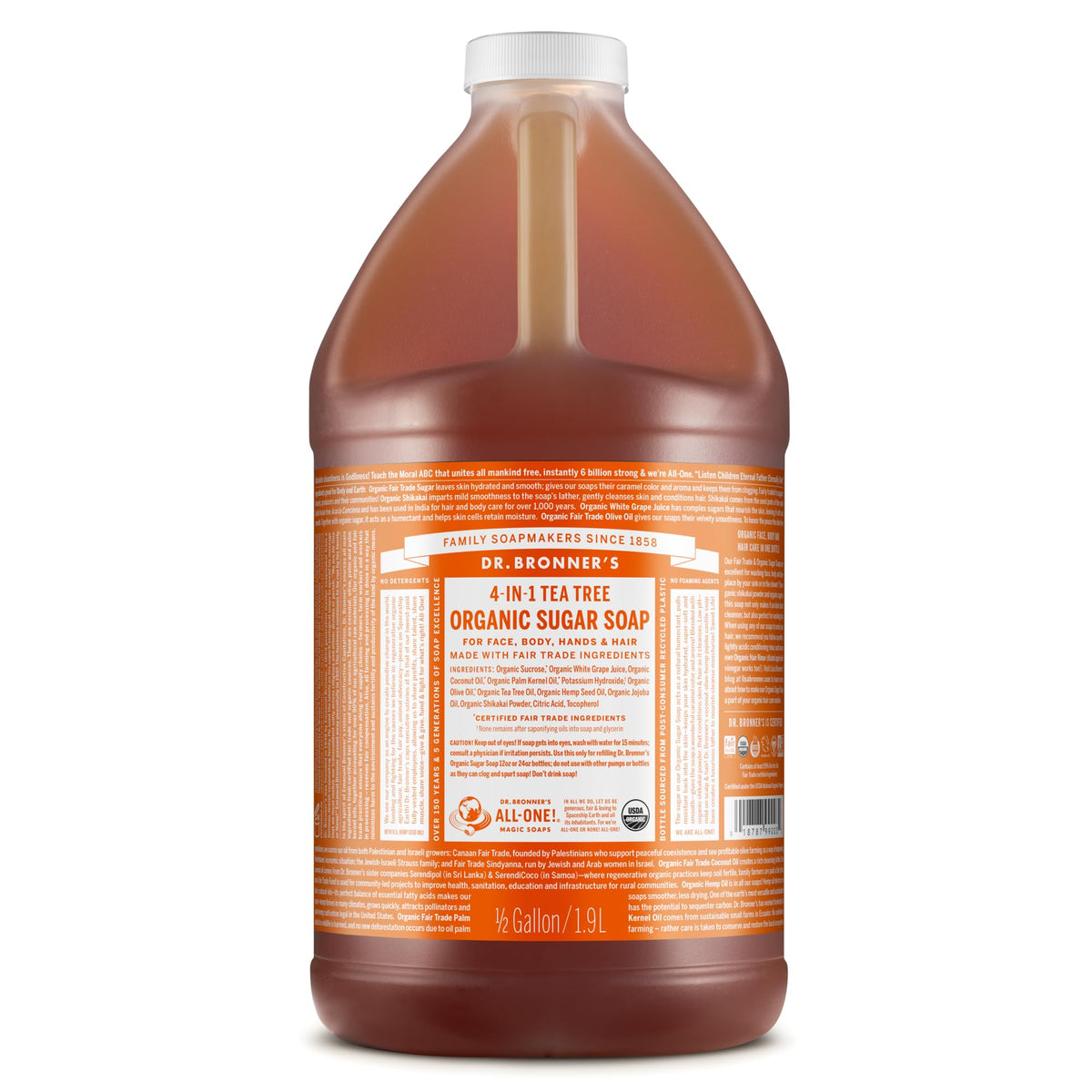Dr. Bronner's Tea Tree Sugar Soap bottle ready for daily cleansing.