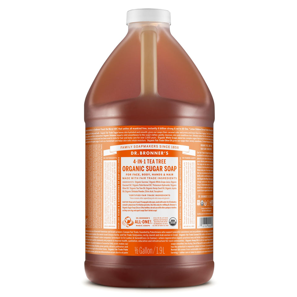 Dr. Bronner's Tea Tree Sugar Soap bottle ready for daily cleansing.
