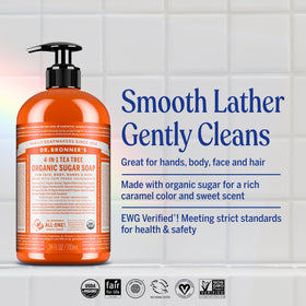 Dr. Bronner's Tea Tree Sugar Soap close-up shows creamy lather.