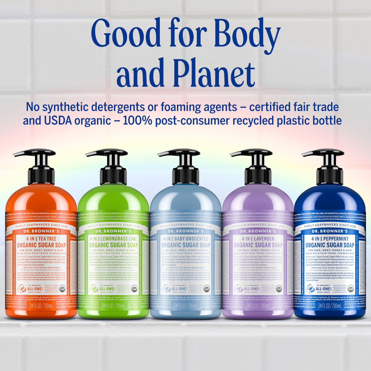 Eco-friendly packaging from Dr. Bronner's Sugar Soap reduces waste.