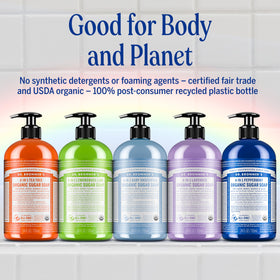 Eco-friendly packaging from Dr. Bronner's Sugar Soap reduces waste.