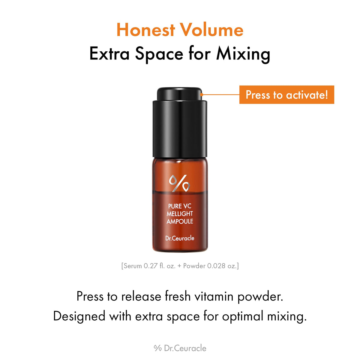 Dr.Ceuracle Pure Vitamin C Mellight Mixing illustrates powder dissolving into ampoule for stable serum.