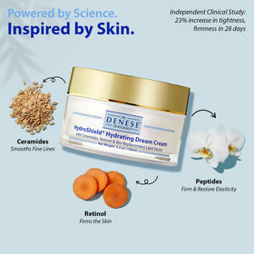 Dr. Denese HydroShield Dream Cream bottle on vanity in a skincare setup