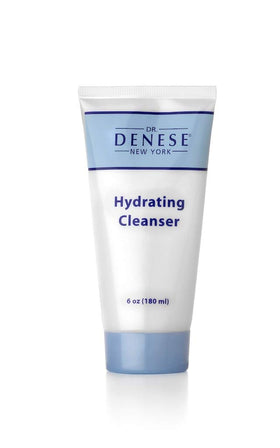 Dr. Denese Hydrating Cleanser bottle close-up for gentle makeup removal.
