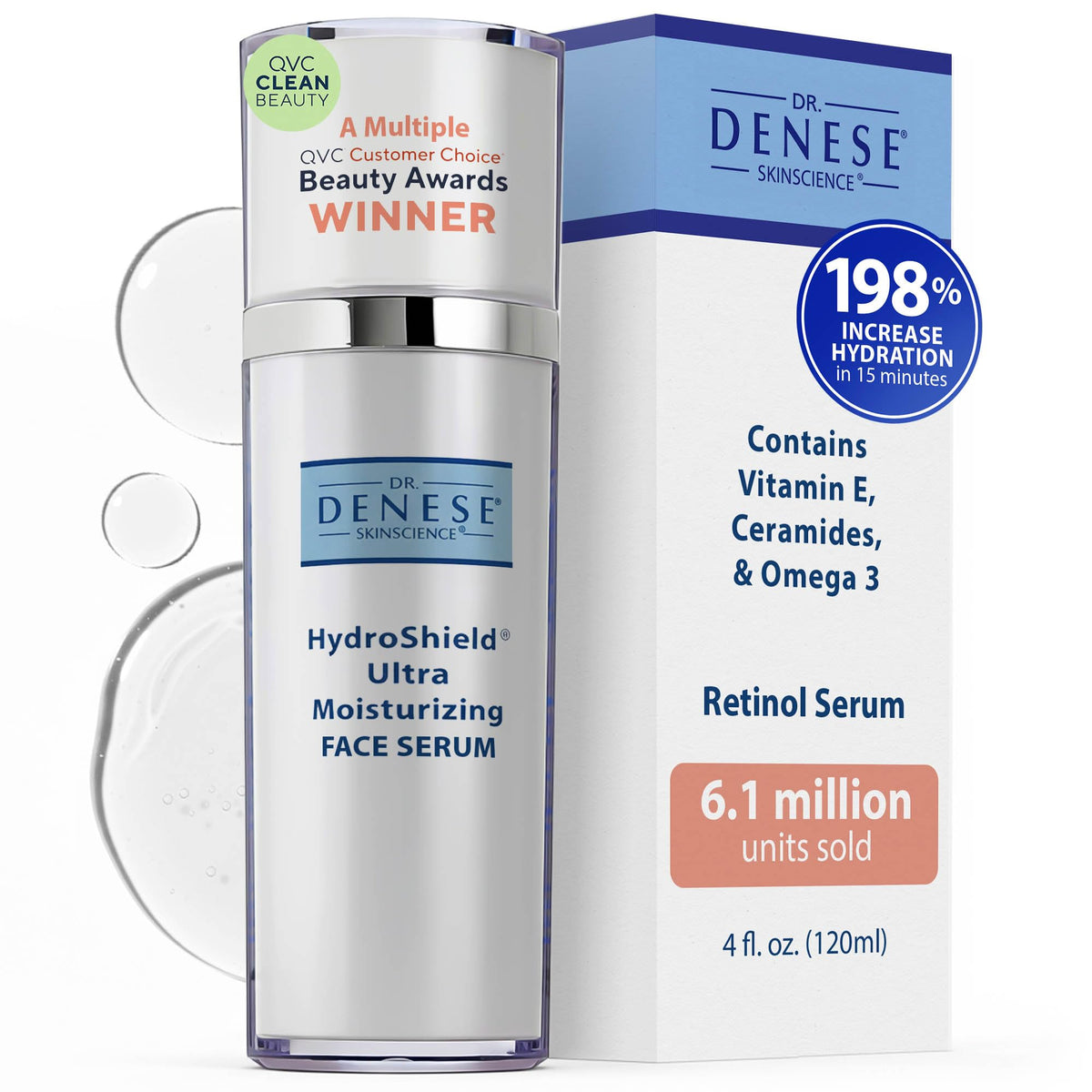 Dr. Denese HydroShield retinol serum bottle for nighttime skincare and hydration
