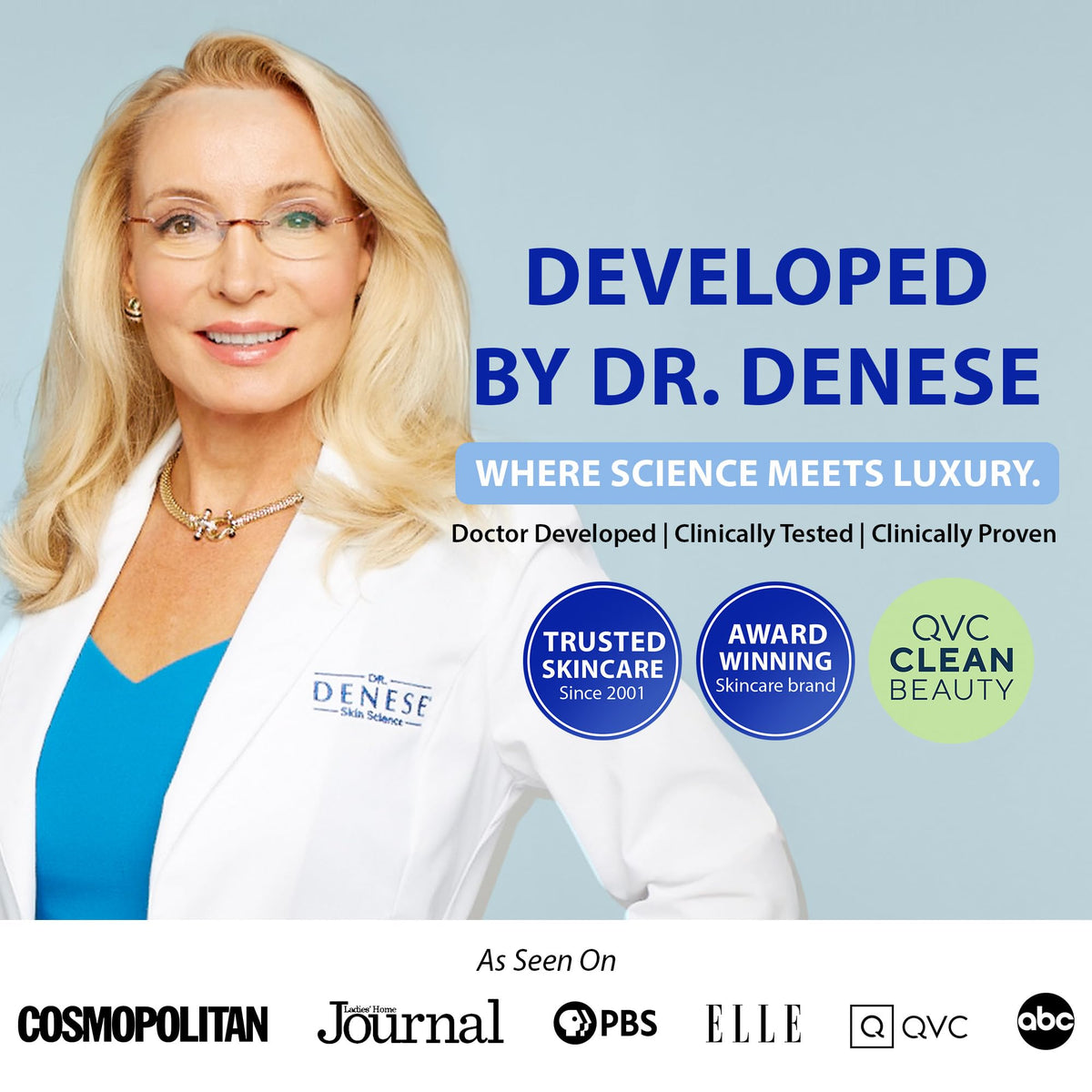 Dr. Denese Neck Serum Roll-On packaging-detail highlights dermatologist-tested, cruelty-free precision care