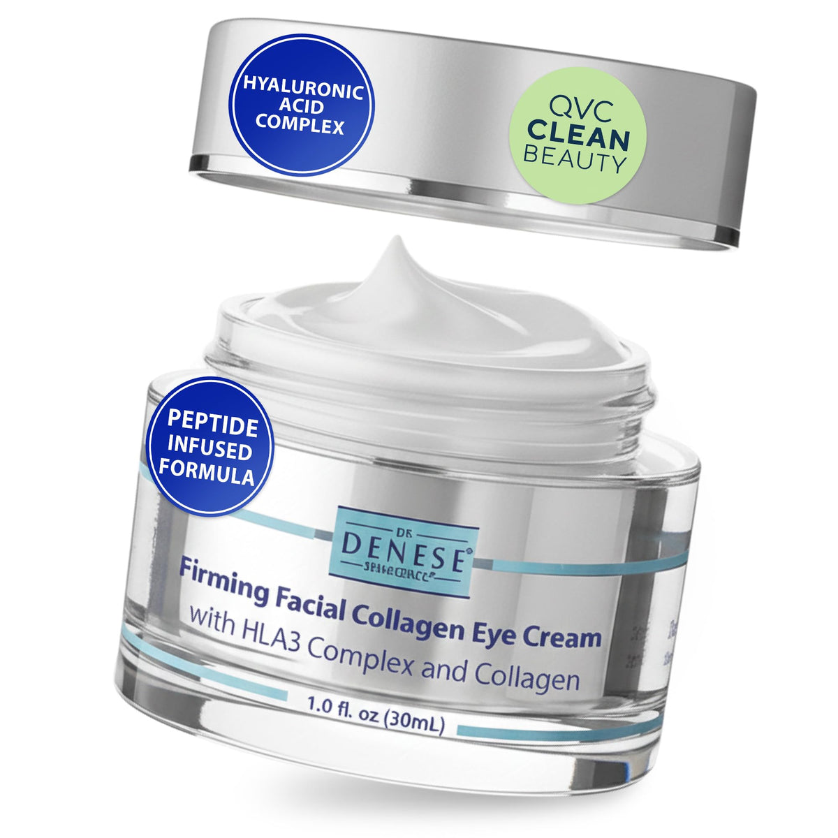 Dr. Denese SkinScience Firming Collagen Eye Cream bottle close-up showing hydration-ready formula.