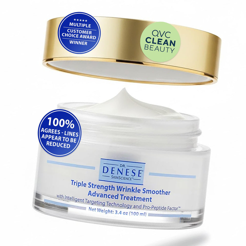 Dr. Denese triple-strength wrinkle smoother bottle close-up highlighting hydration