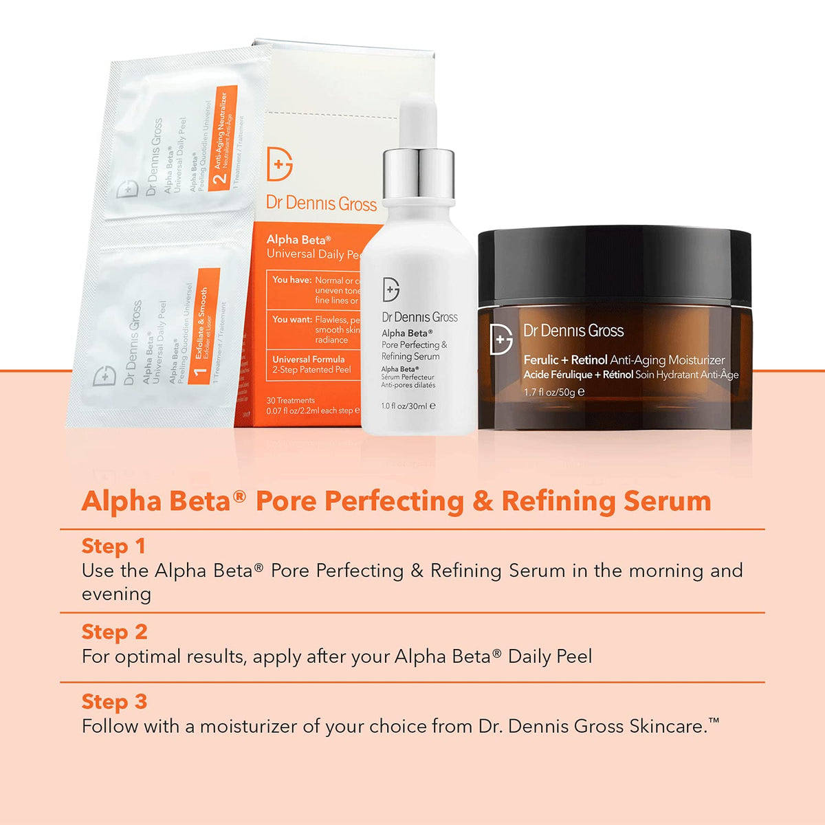 Daily routine shot with Dr Dennis Gross Alpha Beta Pore integrated into skincare.