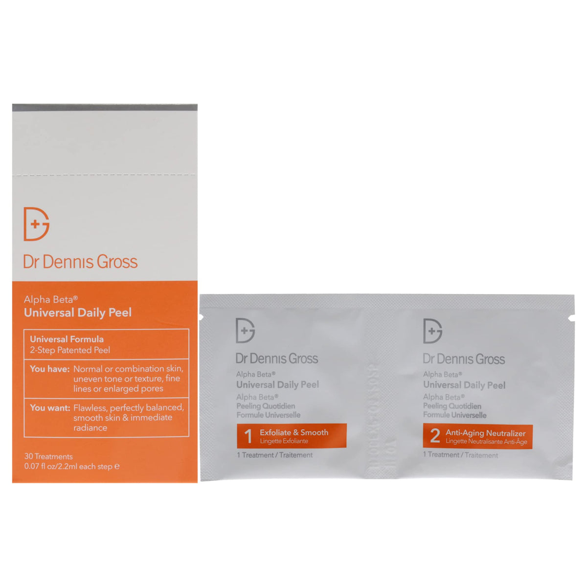 Dr Dennis Gross Alpha Beta Universal Daily Peel bottle close-up for smoother-looking skin.