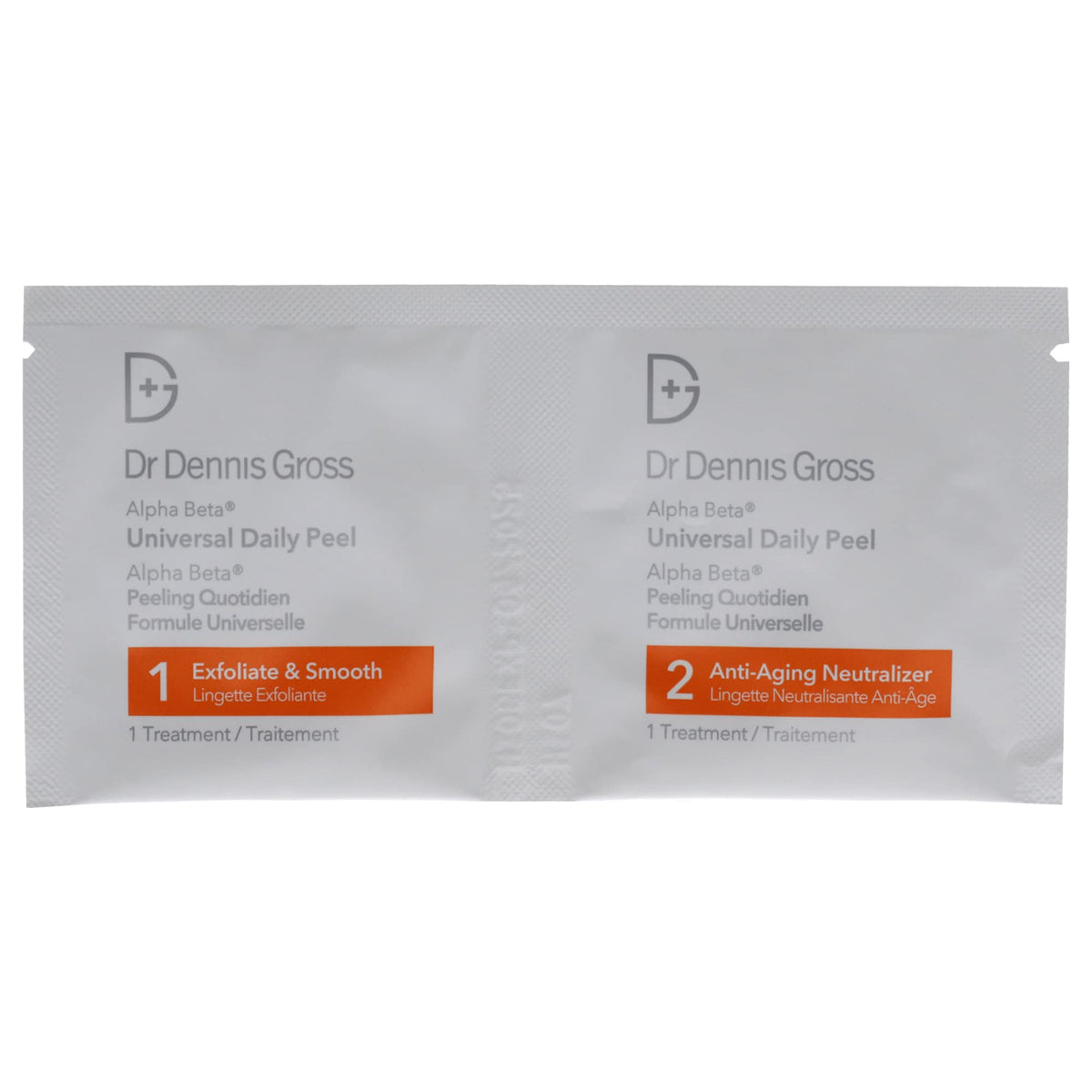 Dr Dennis Gross Alpha Beta Universal Daily Peel two-step action pads shown for at-home exfoliation.