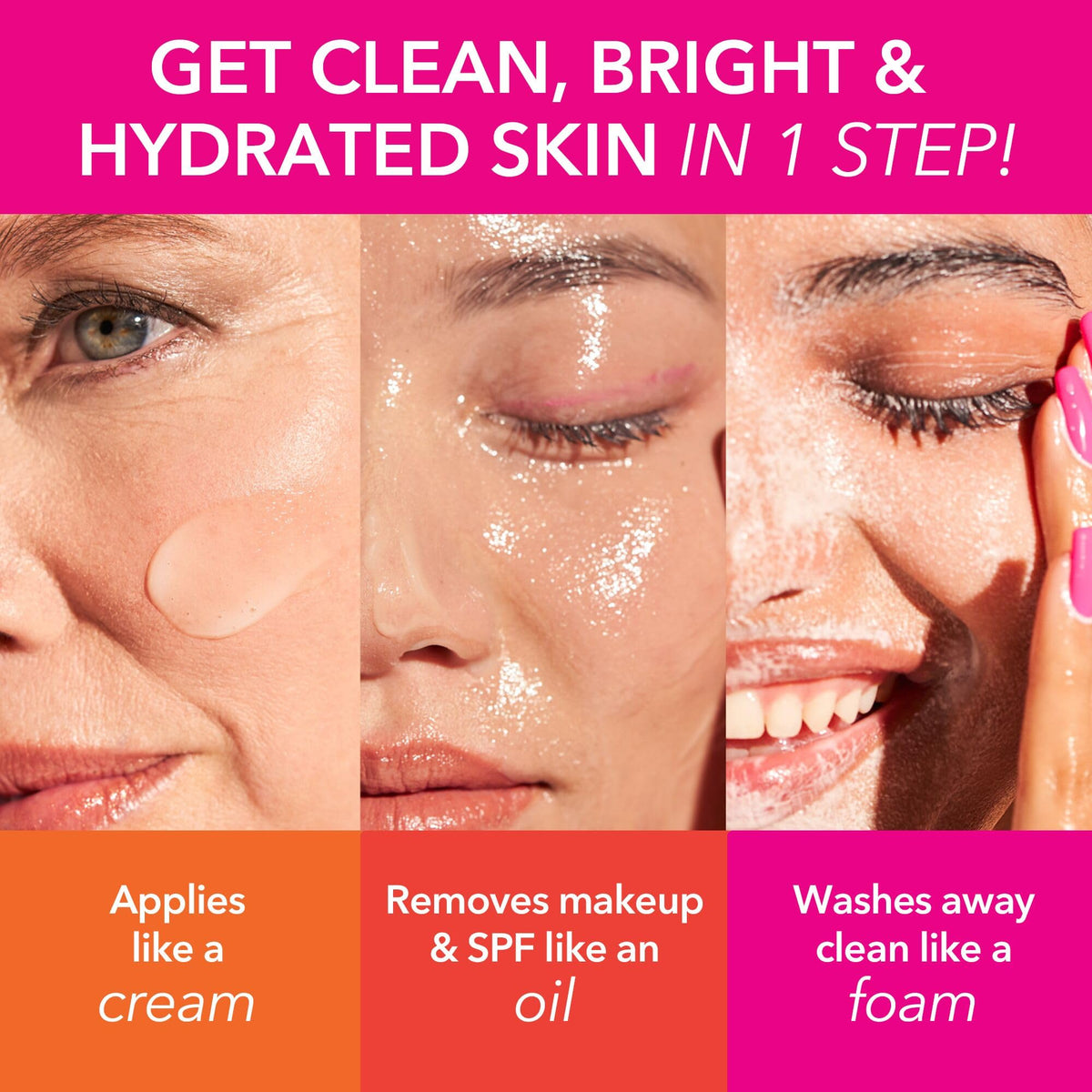 Creamy cleansing oil to milk transformation with water.