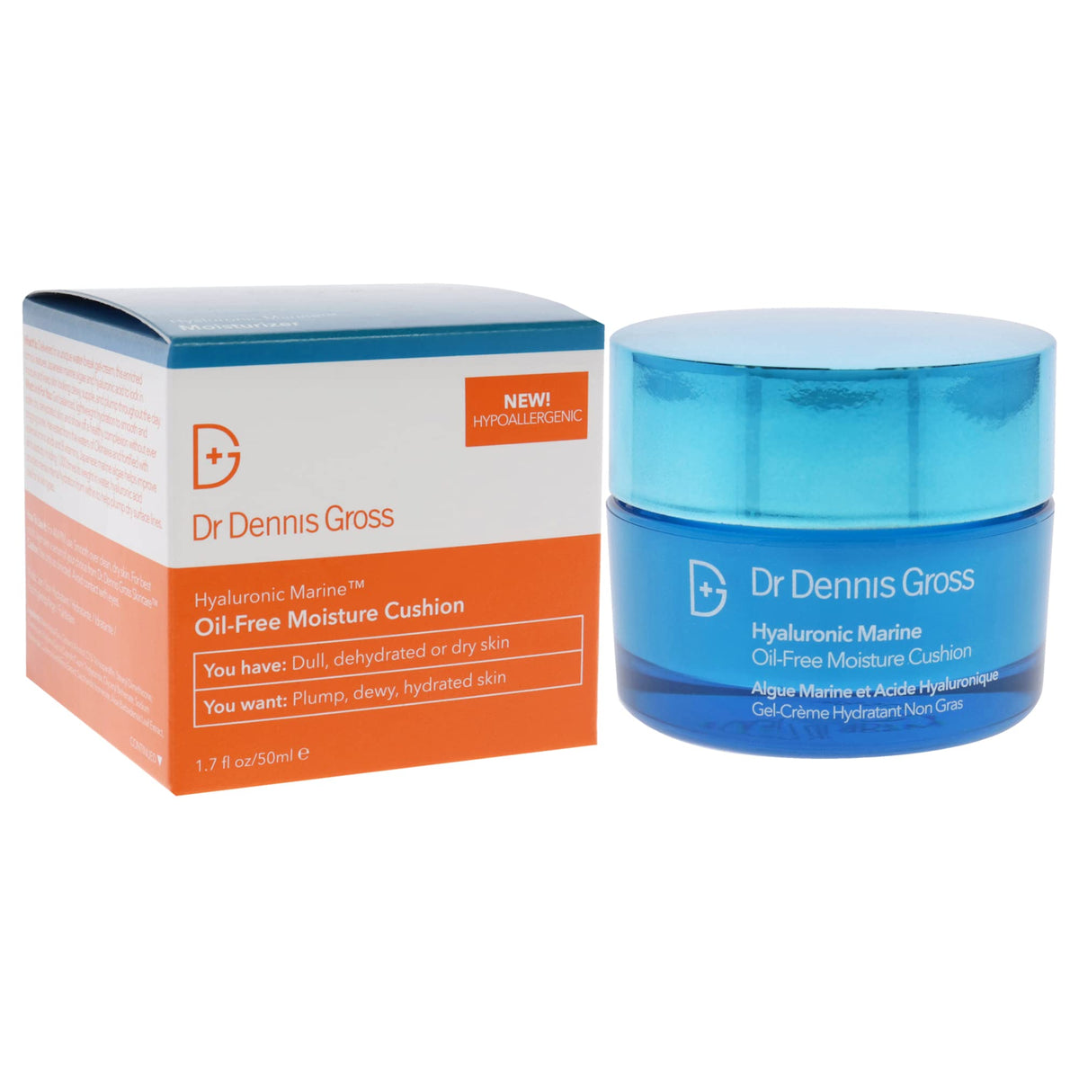 Dr Dennis Gross Hyaluronic Marine Cushion being applied for quick-absorb gel-break sensation.
