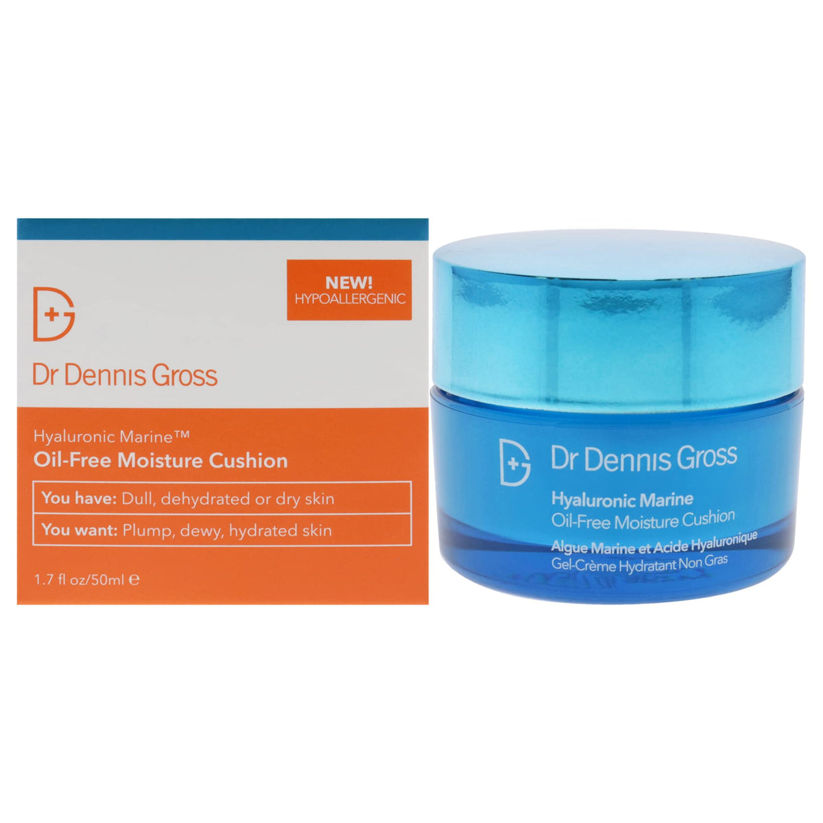 Dr Dennis Gross Hyaluronic Marine Moisture Cushion bottle side view, oil-free hydration.