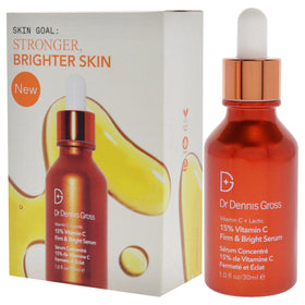 Dr Dennis Gross Vitamin C serum packaging box beside the bottle on a tidy vanity.