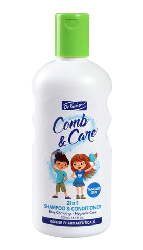 Dr. Fischer 2in1 shampoo bottle for kids promotes tear-free cleansing during bath time.