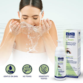 Product bottle highlights tea tree oil and eyebright ingredients.