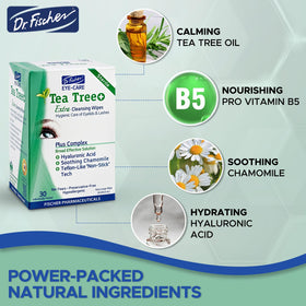 Dr. Fischer Tea Tree Eye Wipes application shows comfortable eyelid cleansing