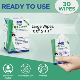 Dr. Fischer Tea Tree Eye Wipes ingredients illustration highlights tea tree, hyaluronic acid, chamomile