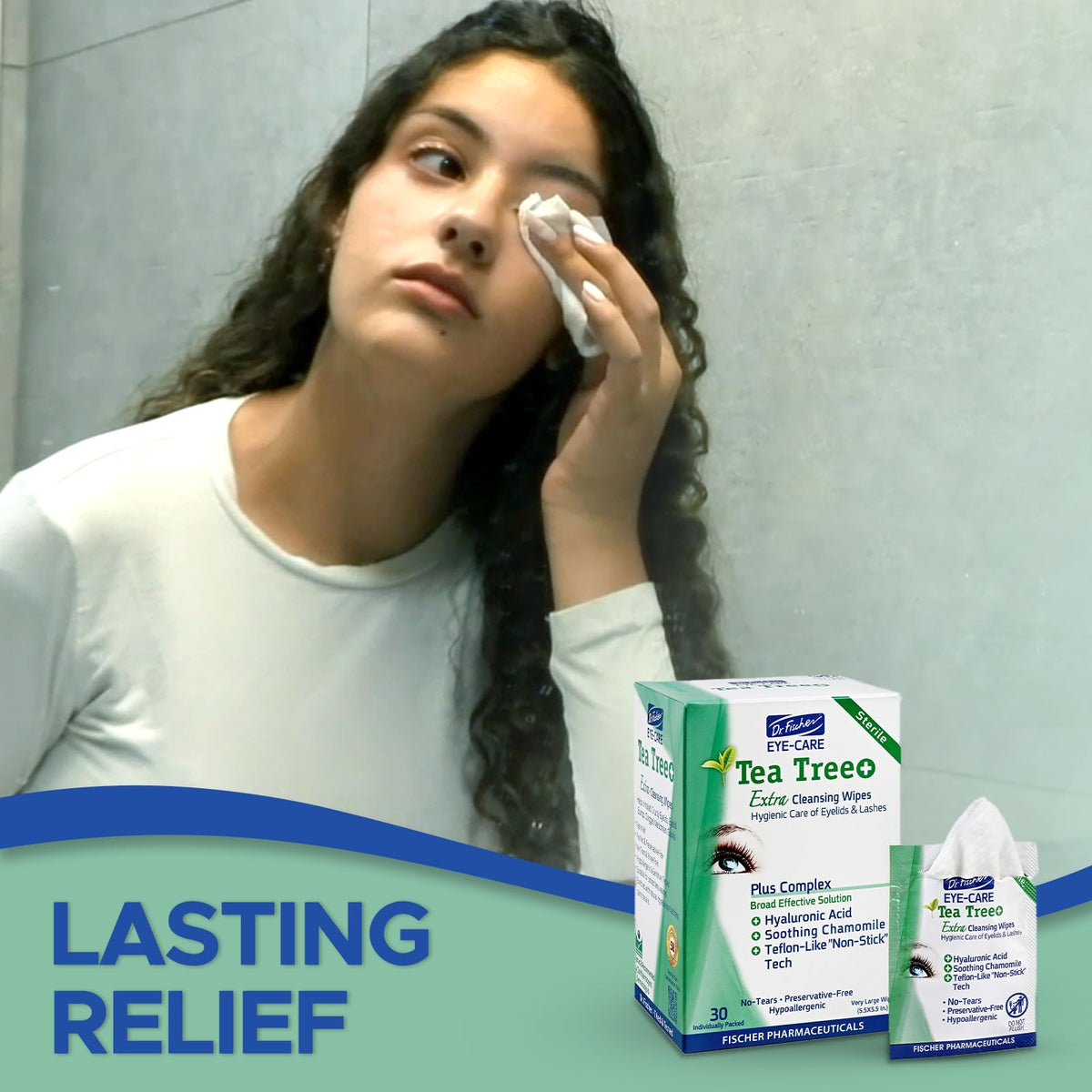 Dr. Fischer Tea Tree Eye Wipes opening view shows soft texture for gentle eyelid care
