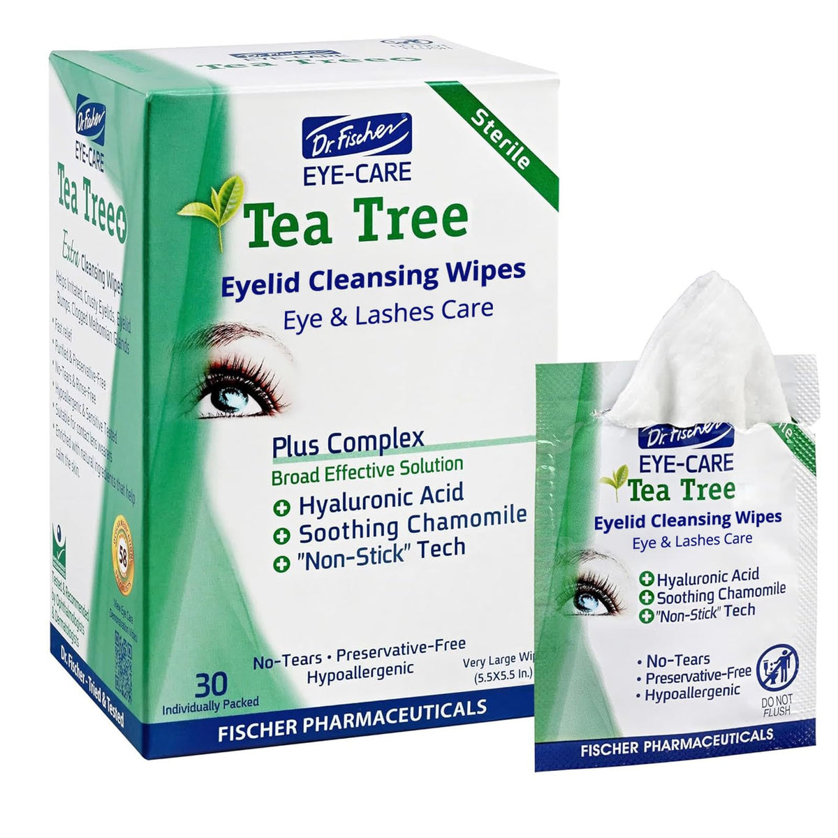 Dr. Fischer Tea Tree Eye Wipes packaging close-up for easy, on-the-go eyelid cleansing