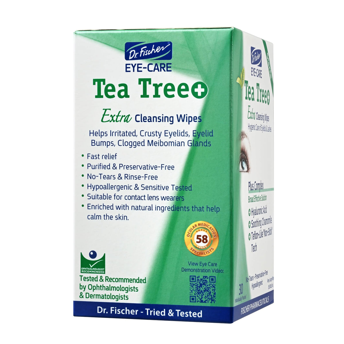 Dr. Fischer Tea Tree Eye Wipes deliver 30 wipe pack for daily use