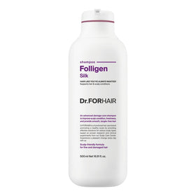 DR.FORHAIR Folligen Silk Shampoo bottle closeup highlights gentle cleansing and root lift