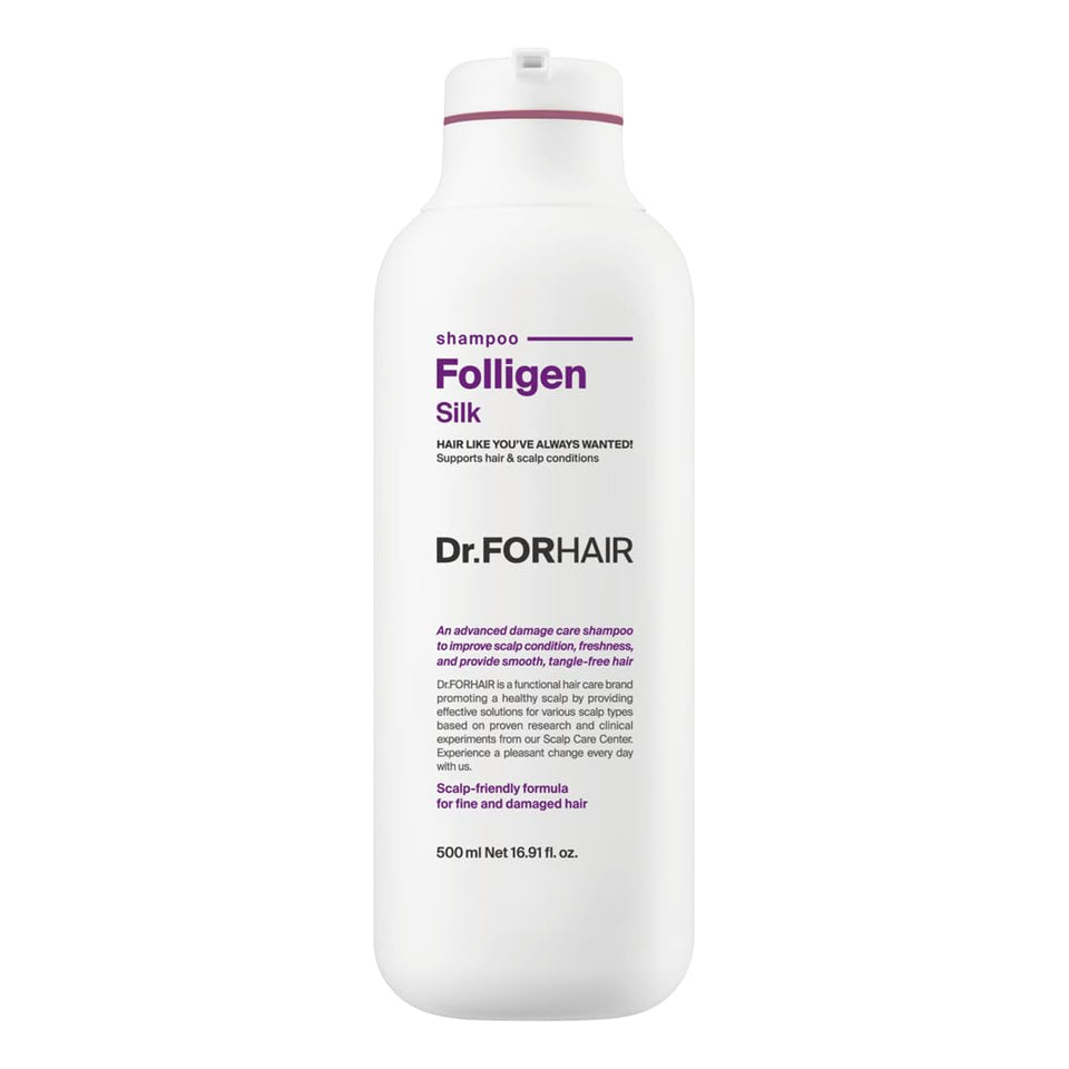 DR.FORHAIR Folligen Silk Shampoo bottle closeup highlights gentle cleansing and root lift