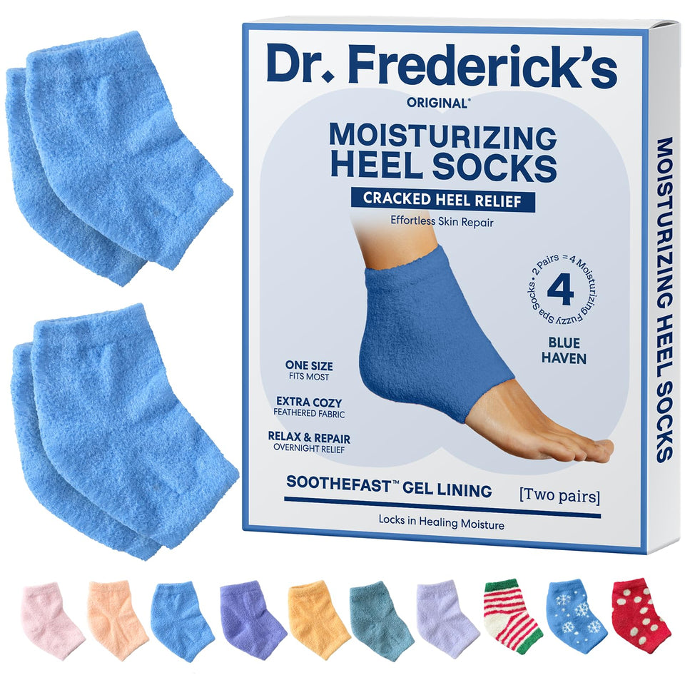 Dr. Frederick’s Original moisturizing fuzzy heel socks in blue haven, two-pack for overnight foot care.