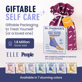 Lavender-colored Dr. Frederick's socks on leg emphasize a cozy unisex fit.