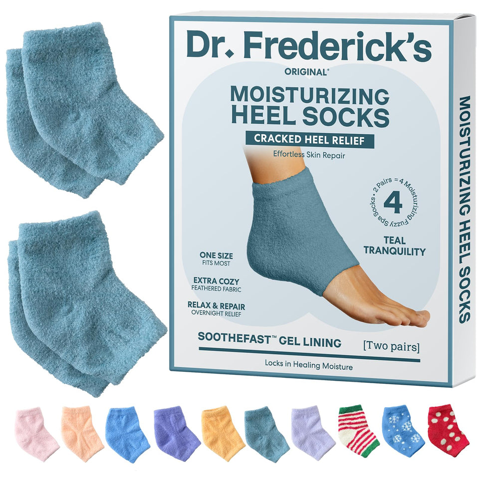 Dr. Frederick's Original moisturizing fuzzy heel socks with olive oil gel lining for overnight care.