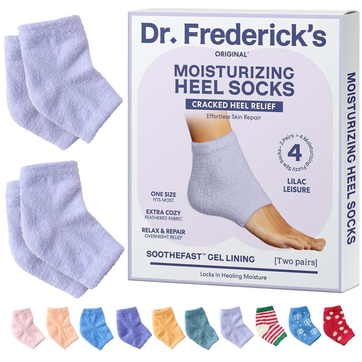 Dr. Frederick's Original fuzzy heel socks in packaging, ideal gift-ready hydration.