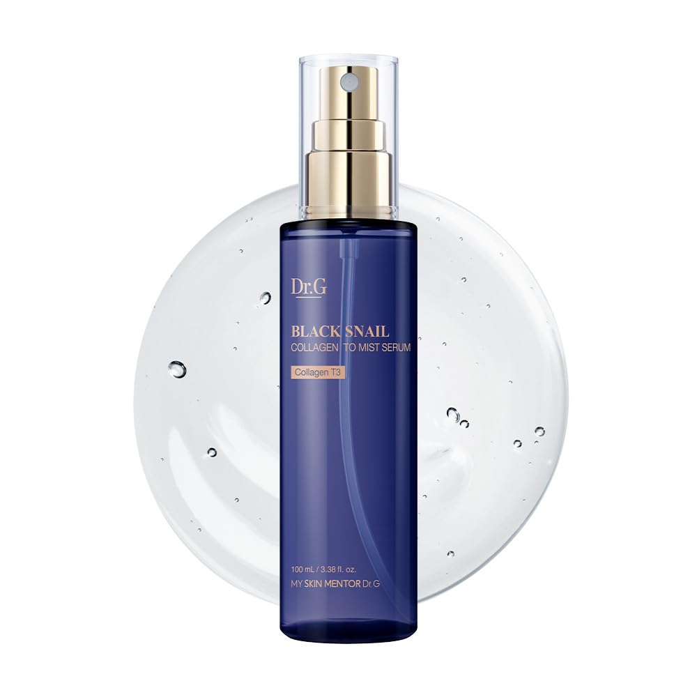 Dr.G Black Snail Serum to Mist bottle closeup for hydrating results.